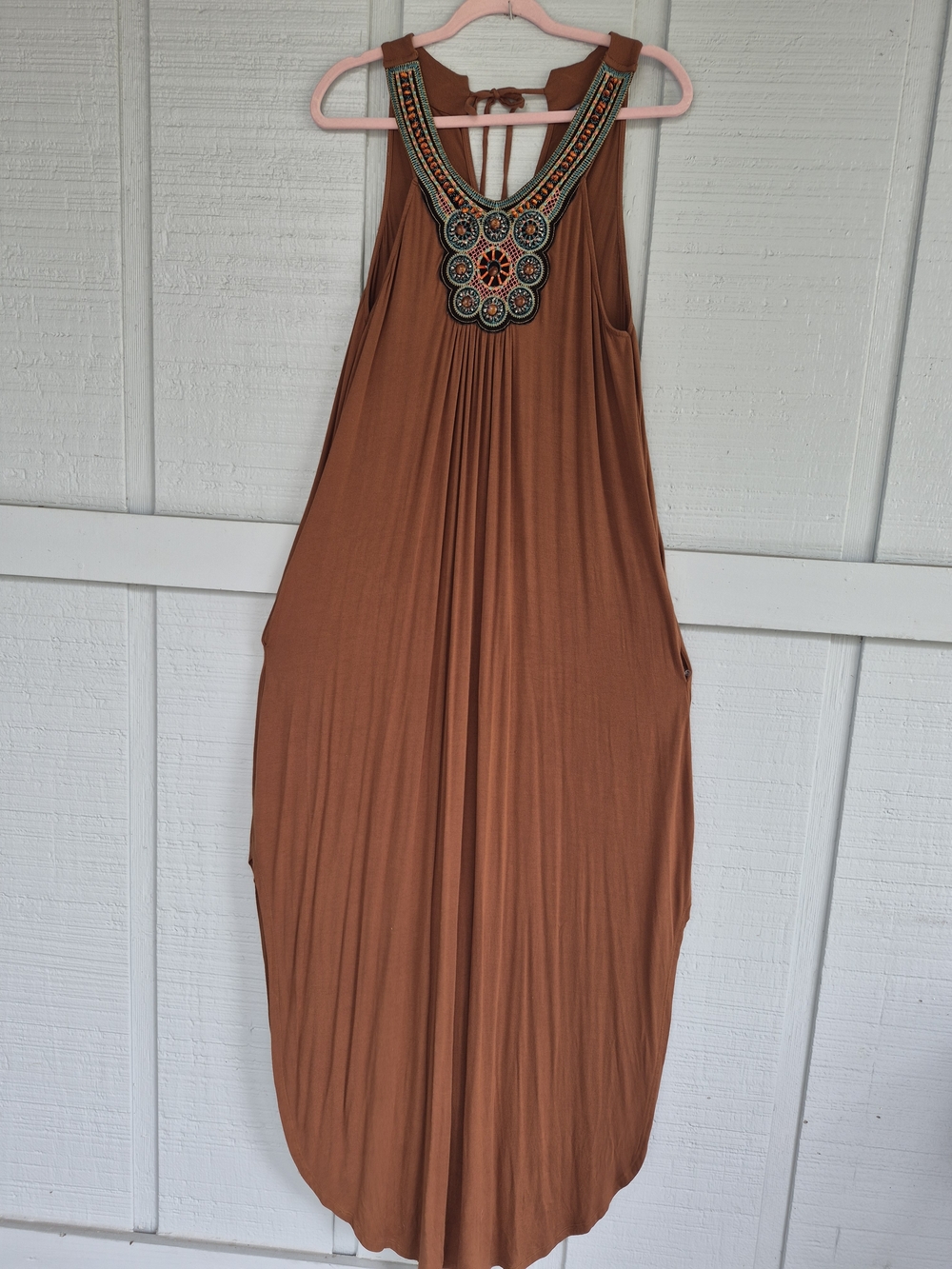 VENUS Rust Brown Maxi Halter Dress with Beaded Yoke Front Large Boho Hippie - Picture 3 of 9